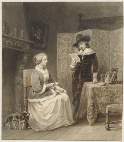 Historisk interiør med sittende kvinne og stående, lesende mann av Willem Pieter Hoevenaar