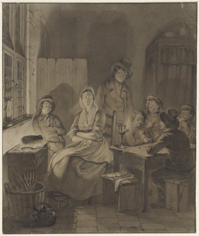 Interiør med gruppe mennesker rundt bordet ved levende lys av Willem Pieter Hoevenaar