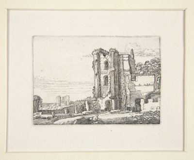 Ødelagt tårn rett for sentrum, plate 2 fra The Set of the Landscapes av Willem Pietersz. Buytewech