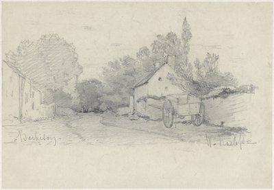 Utsikt over en gate med en vogn i Barbizon av Willem Roelofs (I)