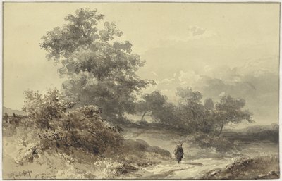 Landskap med busker og en figur på en landevei av Willem Roelofs (I)