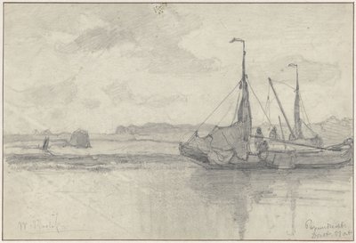 Fiskebåter i et landskap i Papendrecht av Willem Roelofs (I)