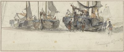 Fiskebåter på stranden i Scheveningen av Willem Roelofs (I)