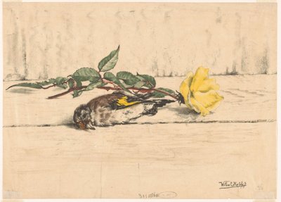 Død gullfink som ligger ved siden av en rose av Willem Roelofs (II) (signed by artist)