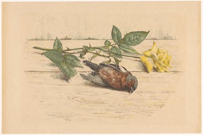 Død fink som ligger ved siden av en rose av Willem Roelofs (II) (signed by artist)