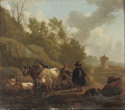 En kugjeter og storfe i et italiensk landskap av Willem Romeyn
