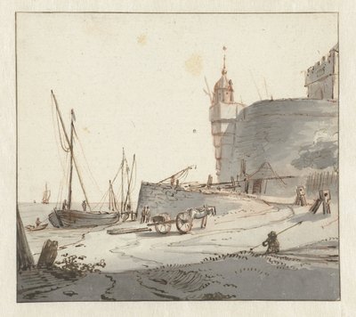 Utsikt over en havn nær en bymur av Willem Schellinks