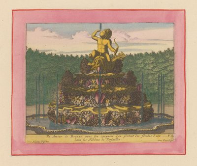 Brunnen mit einer Statue eines Putto mit Bogen in der Hand, sitzend auf einem Delfin av Willem Swidde