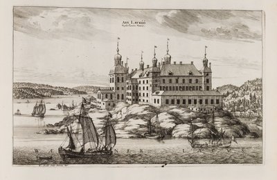 Läckö slott fra Vänernsiden. Fra «Suecia antiqua et hodierna» av Willem Swidde