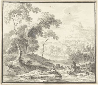 Idyllisk kupert landskap med kvinner ved en bekk av Willem Troost (I)