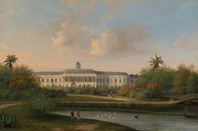 Utsikt bakfra av Buitenzorg-palasset før jordskjelvet 10. oktober 1834 av Willem Troost (II)