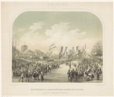 skøytekonkurranse Isklubb / hurtigløp av menn og kvinner holdt i Leeuwarden 22. februar 1855 (tittel på objekt) av Willem Troost (II)