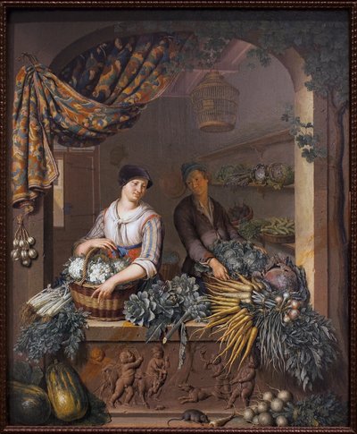 En grønnsakselger. Maleri av Willem van Mieris (1662-1747), olje på tre av Willem Van Mieris