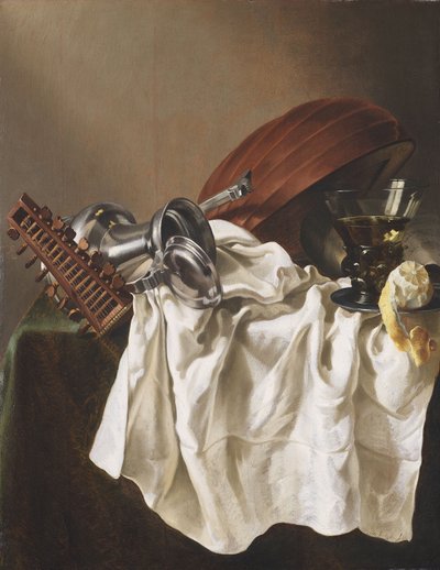 Stilleben med lutt, tinnkanne, vinglass og sitron av Willem Van Odekercken