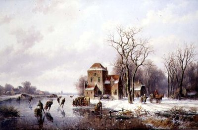 Vinterscene med hest og vogn på bane (olje på lerret) av Willem Vester