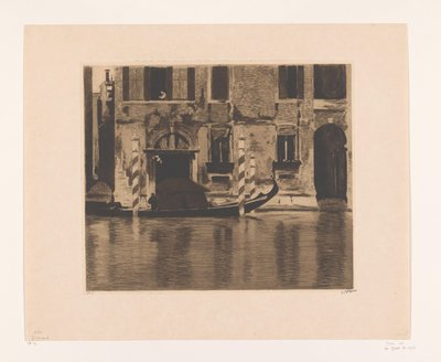Fortøyd gondol med oppbygging i en kanal i Venezia Gondol med konstruksjon i Canal Grande, Venezia (original tittel) av Willem Witsen (signed by artist)