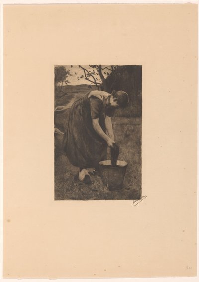 Farmer vasker tekstiler i en bøtte av Willem Witsen (signed by artist)