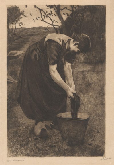 Farmer vasker tekstiler i bøtte av Willem Witsen (signed by artist)