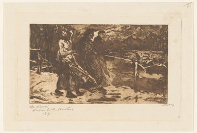 Tre kvinner på en bro i regn og vind av Willem Witsen (signed by artist)