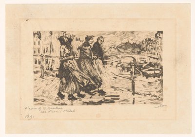 Tre kvinner på en bro i vind og regn av Willem Witsen (signed by artist)