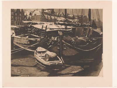Utsikt over fortøyde skip i Oudeschans i Amsterdam Torvskip i Oude Schans (original tittel) av Willem Witsen (signed by artist)