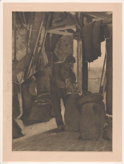 Møller i maismøllen til Wijk bij Duurstede lukker en pose Miller med åpen dør (original tittel) av Willem Witsen (signed by artist)
