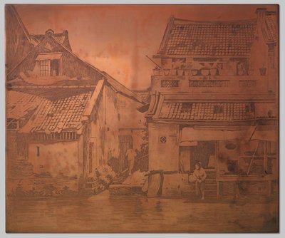 Batavia. Hus på kali, vaskeri ved trappen til et hus til høyre av Willem Arnoldus Witsen