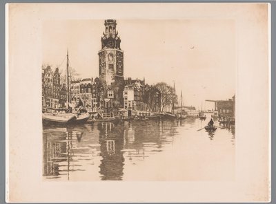 Utsikt over Montelbaanstoren i Amsterdam Oude Schans med Montelbaanstoren og robåt (original tittel) av Willem Arnoldus Witsen