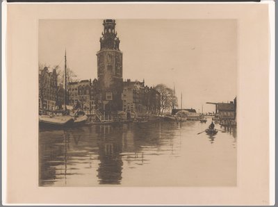 Utsikt over Montelbaanstoren i Amsterdam Gamle Schans med Montelbaanstoren og robåt (original tittel) av Willem Arnoldus Witsen