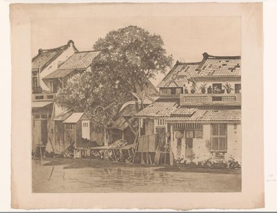 Utsikt over hus ved en elv i Batavia Hus på kali. Trær mellom husene, Batavia (original tittel) av Willem Arnoldus Witsen