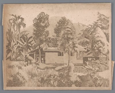 Hus med vulkanen Salak(?) i bakgrunnen, Buitenzorg av Willem Arnoldus Witsen