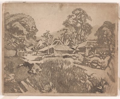 Hus i kampong med vulkanene Salak og Gedeh i bakgrunnen, Buitenzorg av Willem Arnoldus Witsen