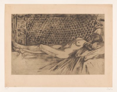 Naken ung kvinne liggende på en sofa Naken, liggende på ryggen på en sofa, hendene under hodet (original tittel) av Willem Arnoldus Witsen