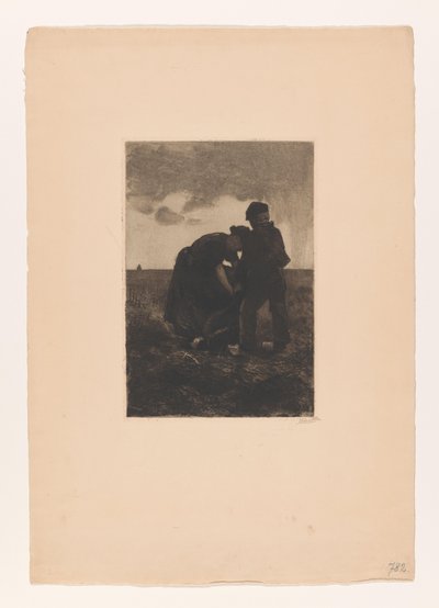 Kvinne og gutt i tresko med jutepose på banen Potethøst (original tittel) av Willem Arnoldus Witsen