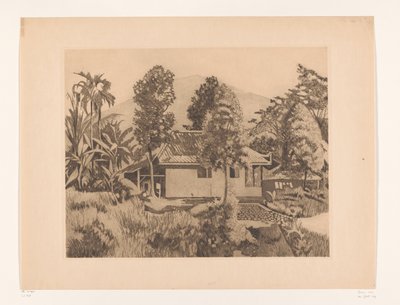 Hjemme i Bogor med et fjell i bakgrunnen Hus med vulkanen Salak(?) i bakgrunnen, Buitenzorg (originaltittel) av Willem Arnoldus Witsen