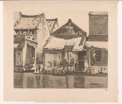 Hus langs en elv i Batavia med en kvinne som vasker klær Hus på kali. Til venstre en passasje mellom husene, hvor en voksende kvinne står, Batavia (originaltittel) av Willem Arnoldus Witsen