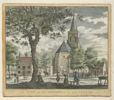 Kirke og tinghus i Hilversum i 1762 (før brannen 1766) Kirken og Regthuis i Hilversum (tittel på objekt) av Willem Writs