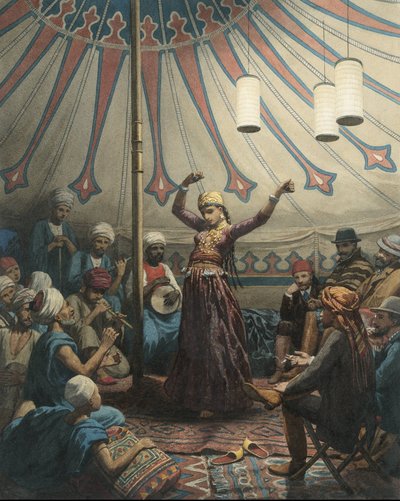 Egyptisk danser i telt, med musikere og tilskuere av Willem de Famars Testas