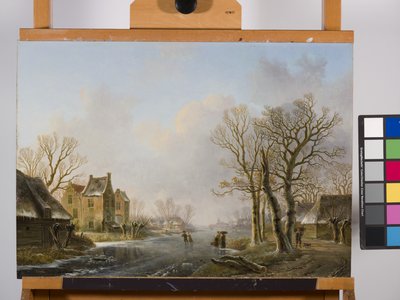 Skatere på en frossen elv, Dordrecht av Willem de Klerk