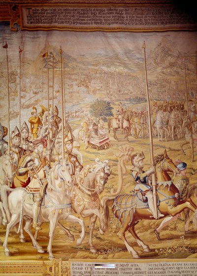 Erobringen av Tunis av keiser Charles V i 1535: representasjon av keiseren og spedbarnet Don Luis. Detalj av et billedvev av Willem de Pannemaker (aktiv rundt 1535-1554) 1554 Alcazar de Seville av Willem de Pannemaker
