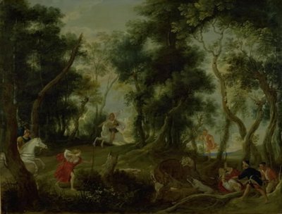 Landskap med Atalanta og Meleager Hunting the Calydonian Boar av Willem van Herp