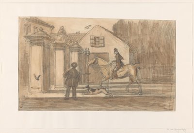 Gjerdet på Scheveningse Weg i Haag; passerer en rytter med hund av Willem van Konijnenburg