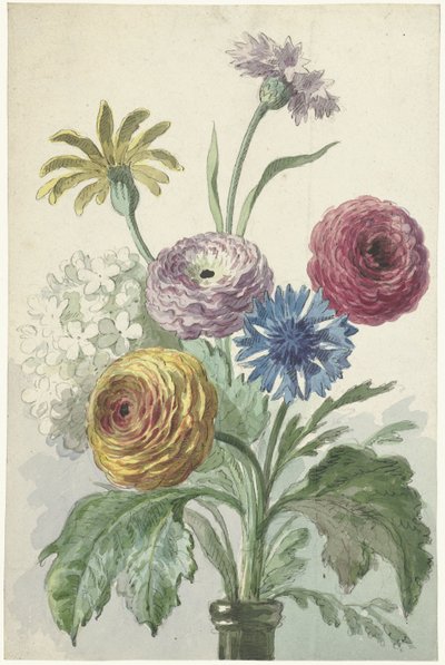 Bukett med blomster i halsen på en grønn vase av Willem van Leen