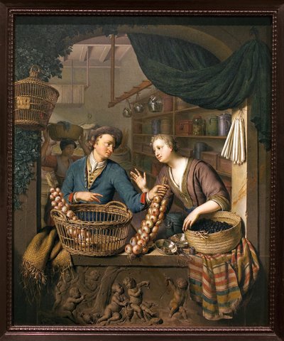 Løkselger. Maleri av Willem van Mieris (1662-1747), olje på tre av Willem Van Mieris