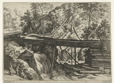 Fjelllandskap med treakvedukt Italienske landskap (serietittel) av Willem van Nieulandt (II)