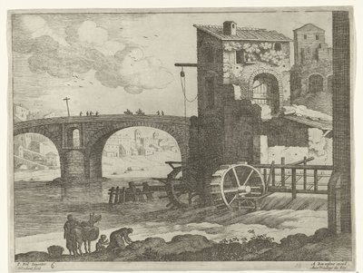 Bro og vannmølle italienske landskap (serietittel) av Willem van Nieulandt (II)