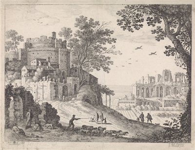 Bygninger langs en vei italienske landskap (serietittel) av Willem van Nieulandt (II)
