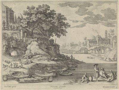 Havn med robåter, figurer og husdyr av Willem van Nieulandt (II)