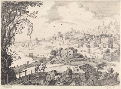 Italiensk landskap med en by Italienske landskap (serietittel) av Willem van Nieulandt (II)