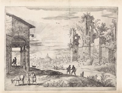 Landskap med den barmhjertige samaritan på vertshuset Italienske landskap (serietittel) av Willem van Nieulandt (II)